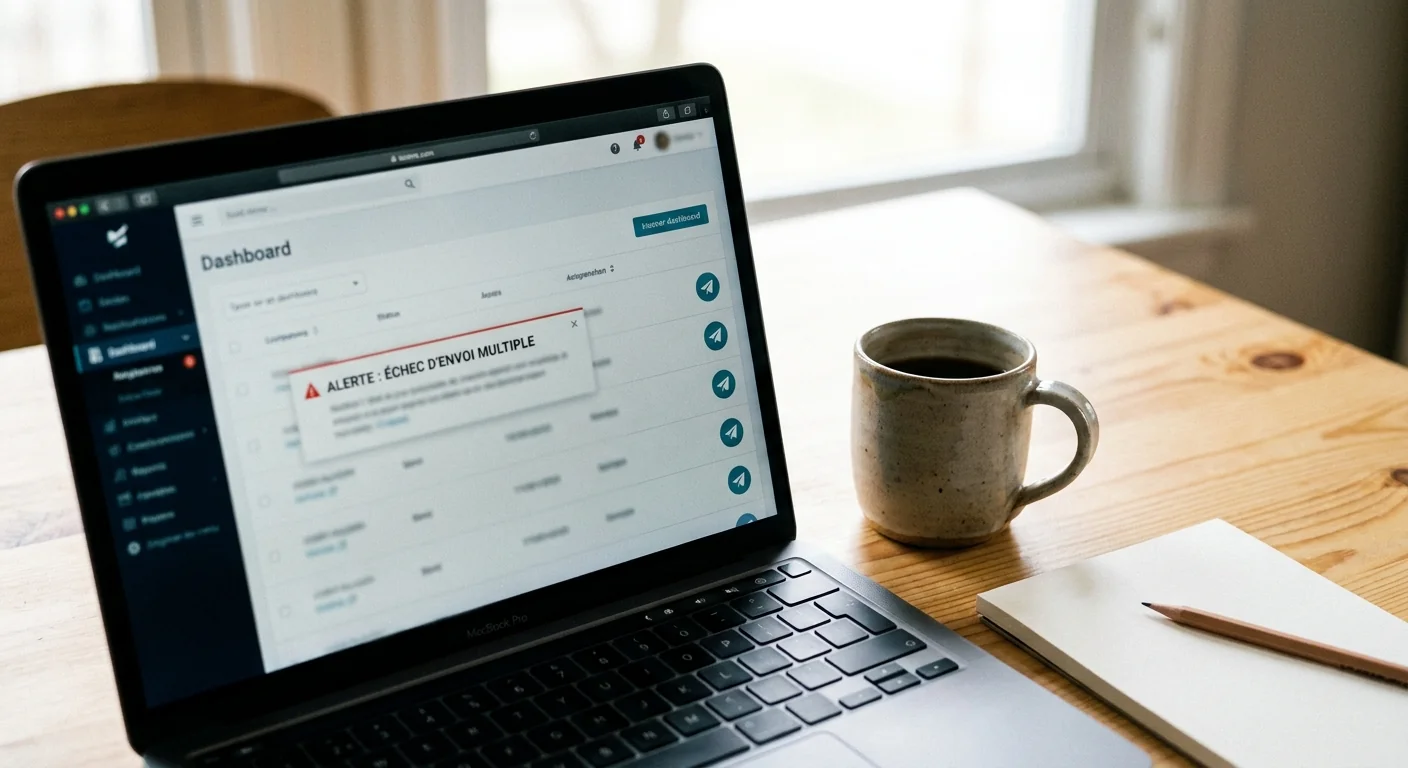 Gros plan sur un écran avec une alerte lors de l'automatisation de la diffusion, soulignant le risque d'amplifier les erreurs.
