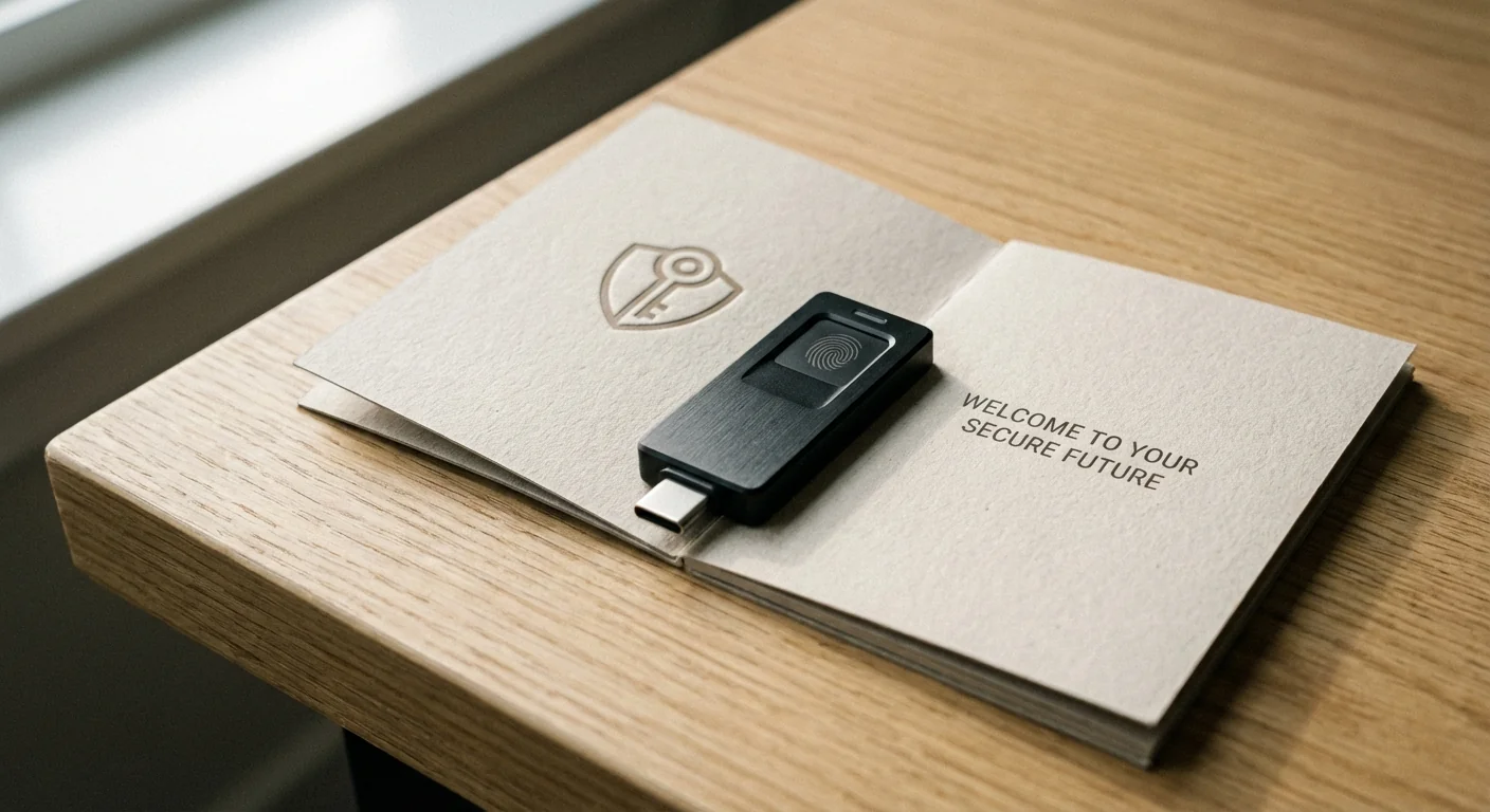Gros plan sur un token de sécurité et un livret d'accueil texturé sur un bureau, illustrant un processus d'onboarding automatisé et sécurisé.
