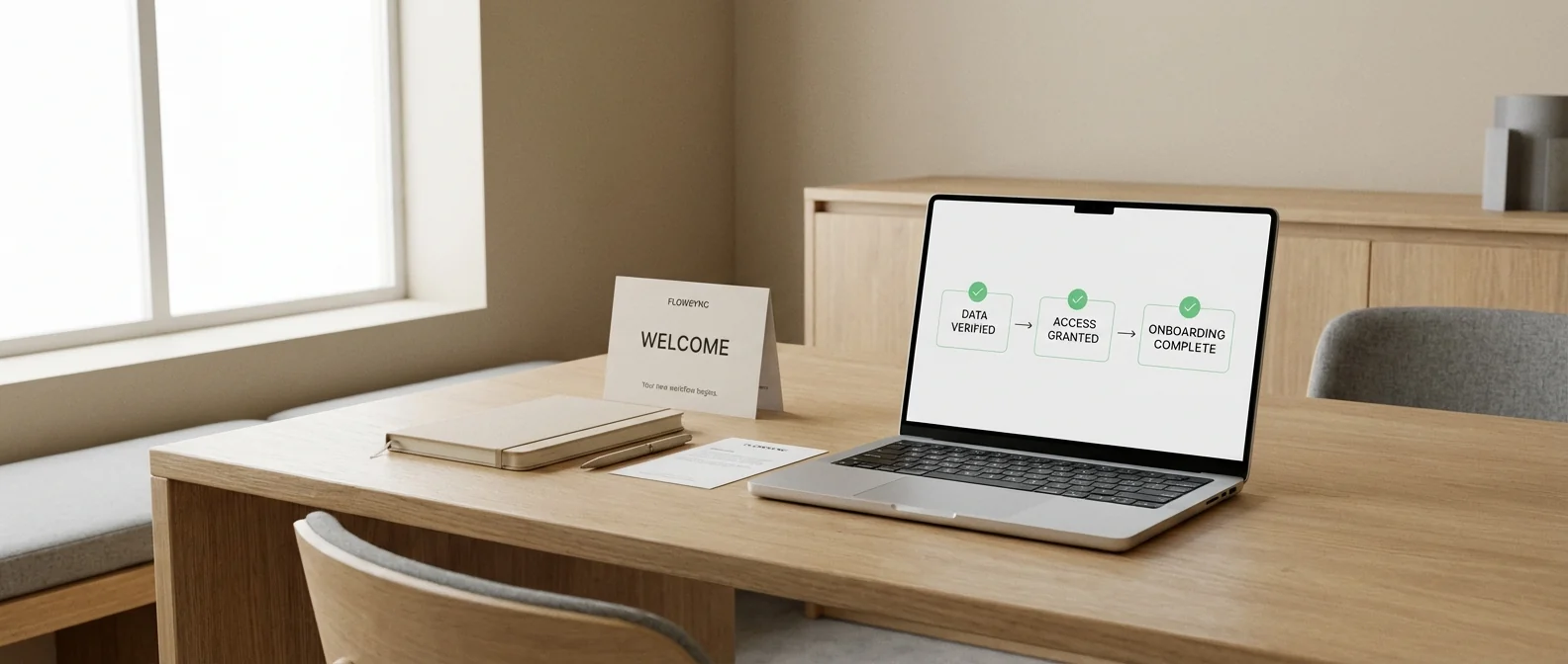 Vue large d'un bureau moderne avec un kit de bienvenue client et un ordinateur affichant un flux d'automatisation d'onboarding client.
