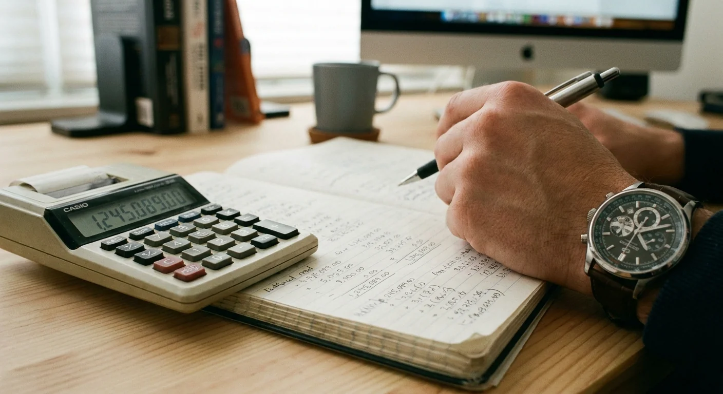 Gros plan sur une calculatrice et un bloc-notes utilisés pour déterminer le coût réel de chaque rendez-vous, soulignant l'importance du taux horaire dans le calcul.