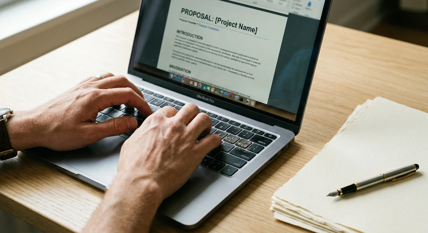 Close-up de mains sur un clavier d'ordinateur portable, à côté d'un document papier, illustrant le processus d'automatisation de la création de propositions commerciales.