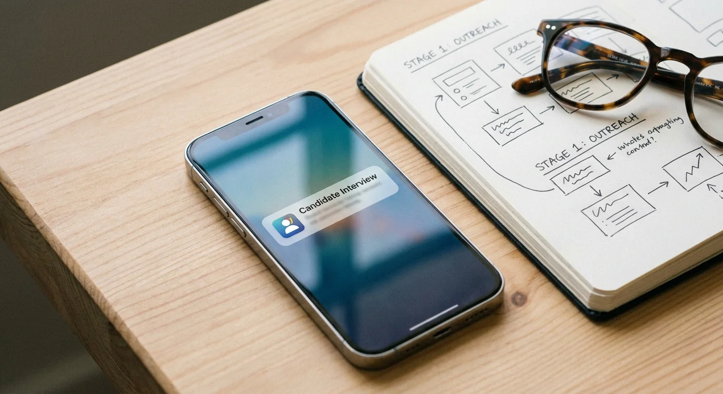 Gros plan sur un smartphone affichant une notification d'entretien candidat et un carnet de notes, optimisant le processus RH.