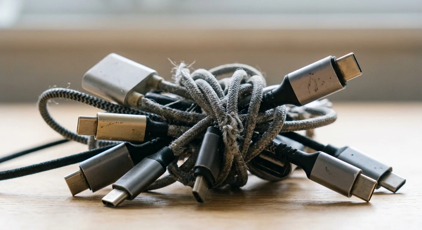 Gros plan sur un nœud complexe de multiples câbles et connecteurs sur une surface en bois clair, symbolisant la complexité technologique inutile et le manque de clarté.