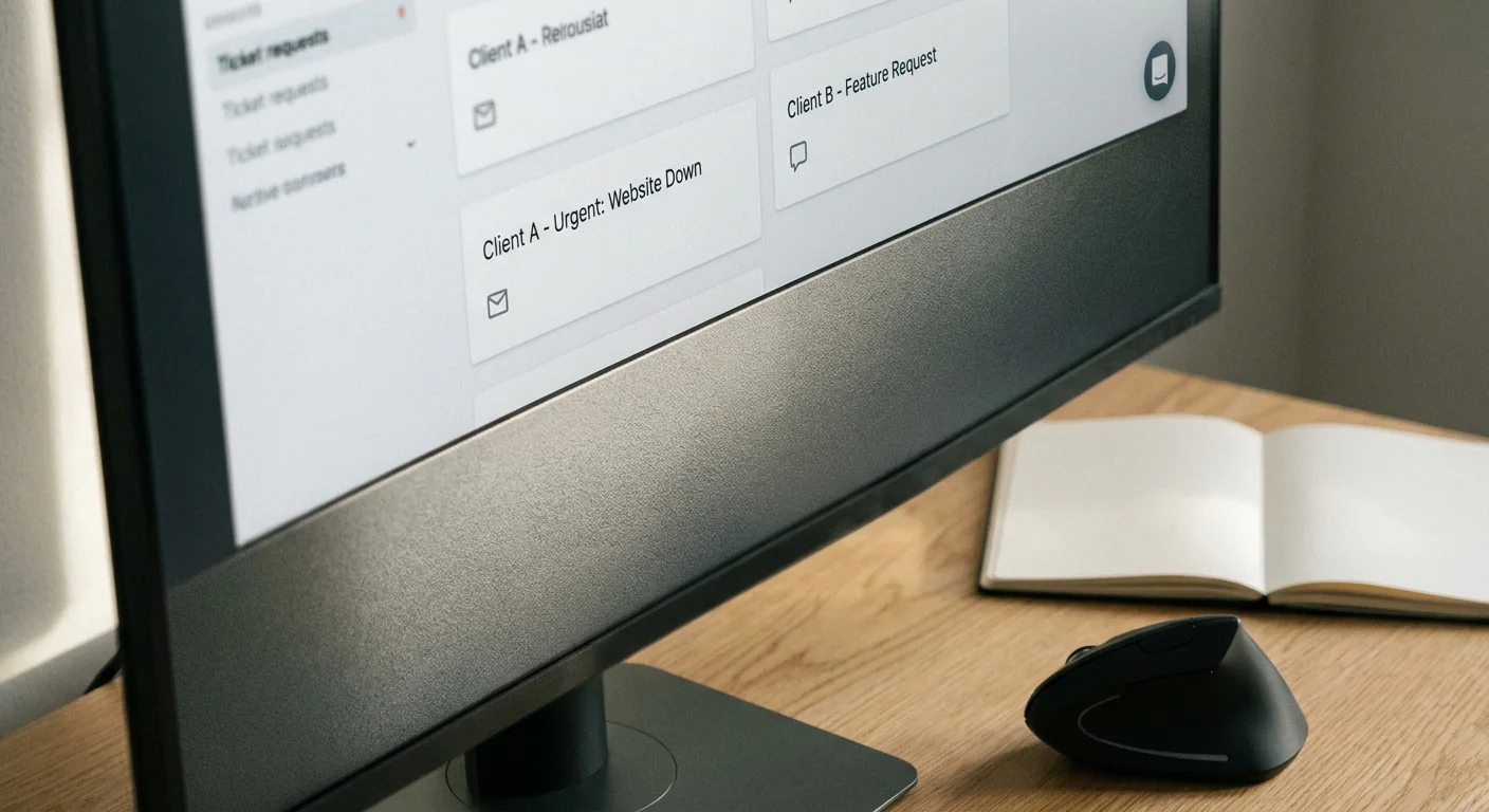 Gros plan sur un écran d'ordinateur affichant une interface de gestion de tickets épurée, représentant l'organisation des demandes clients avant de tout centraliser.