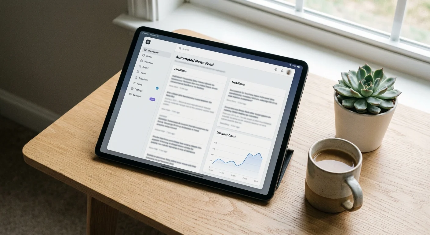 Gros plan sur une tablette affichant un tableau de bord de veille automatisée, posée sur un bureau propre avec une tasse de café.