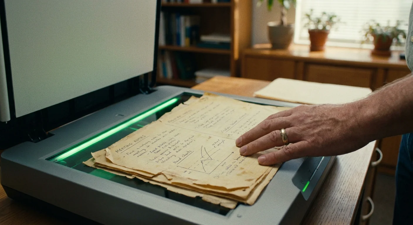 Gros plan sur des documents d'entreprise manuscrits en cours de numérisation, illustrant comment les décisions RH passées nourrissent l'IA.