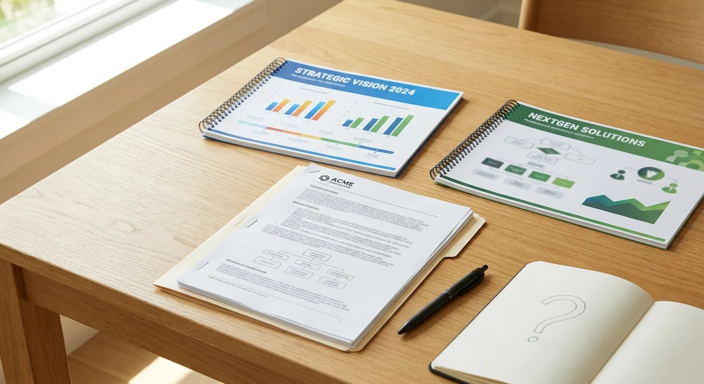 Gros plan sur trois devis de consultants aux formats différents posés sur une table, illustrant des devis incomparables sans brief précis.