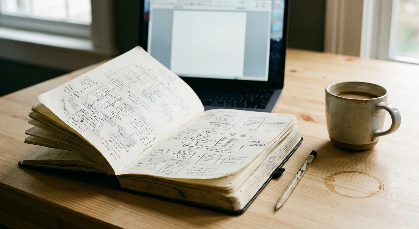 Planification avant l'outil no-code : carnet de croquis avec schémas et notes manuscrites illisibles sur un bureau, illustrant la phase de réflexion stratégique pour TPE.