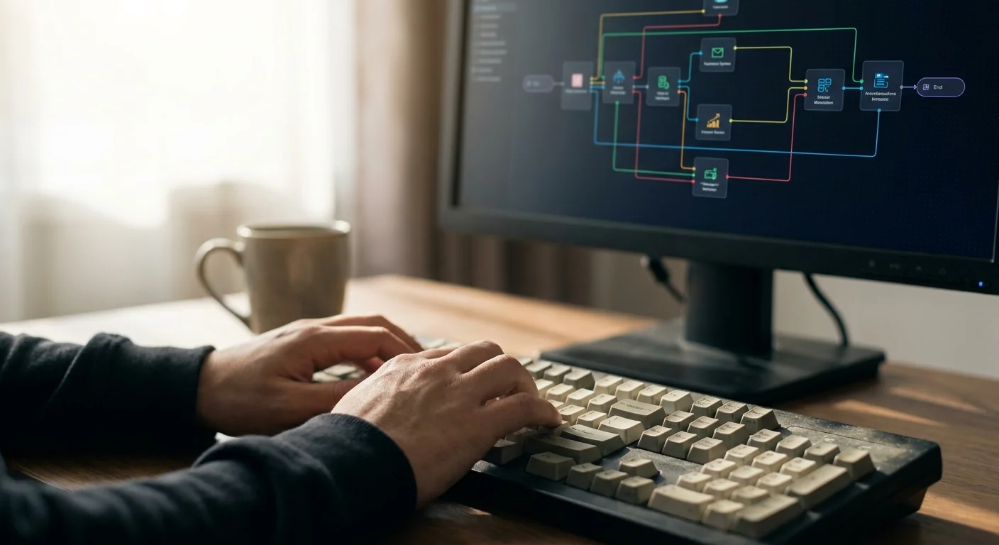 Gros plan sur un écran d'ordinateur montrant un workflow complexe, représentant les systèmes silencieux qui dépendent de toi et augmentent la charge mentale.