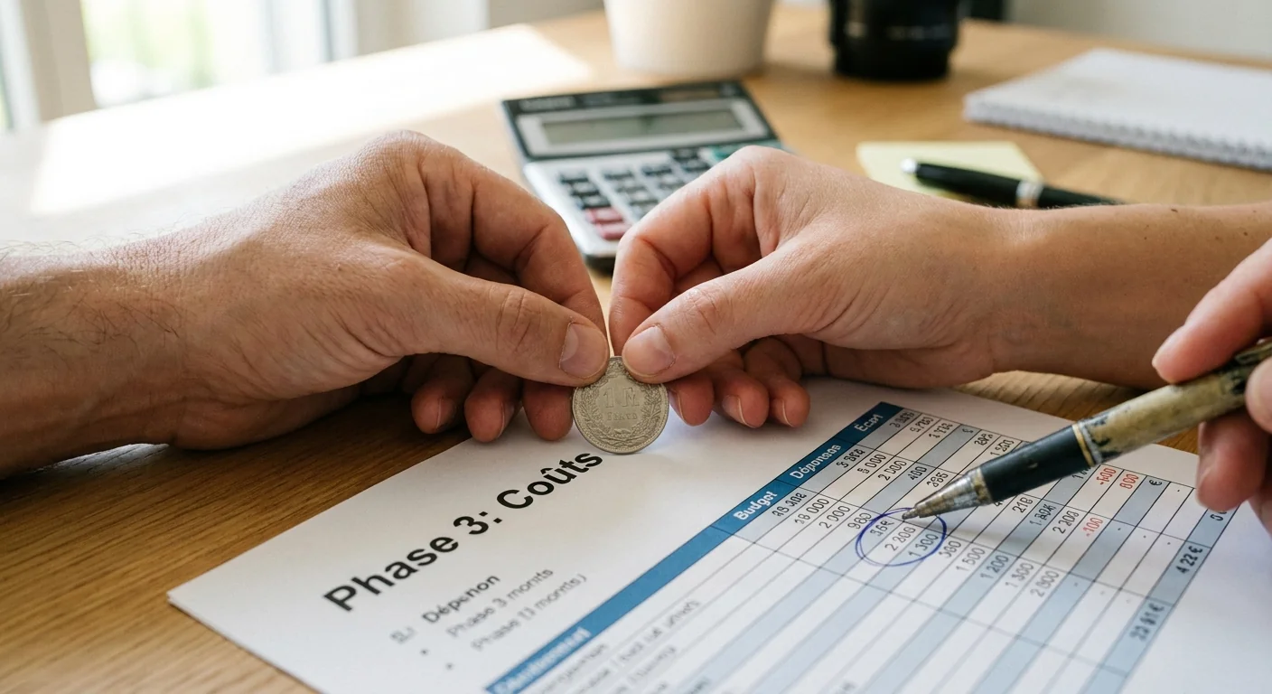 Un plan rapproché des mains posant une pièce de monnaie suisse sur un document imprimé détaillant les phases de calcul du ROI de l'automatisation, avec une calculatrice et un stylo à côté sur une surface en bois clair.