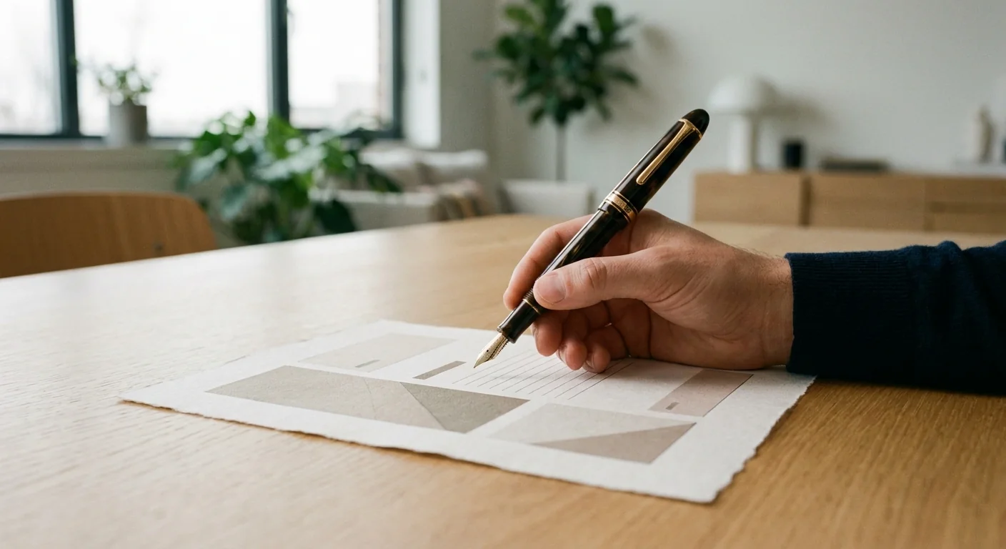 Gros plan sur une main avec un stylo au-dessus d'un document simple, représentant un template charte IA clair et pratique pour une PME.