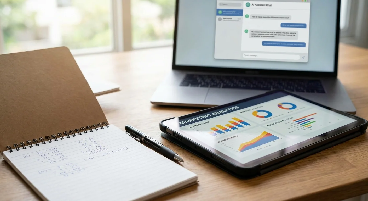 Gros plan sur une tablette affichant des analyses marketing et un carnet de notes pour aider à choisir ton IA. Ambiance de bureau lumineuse.