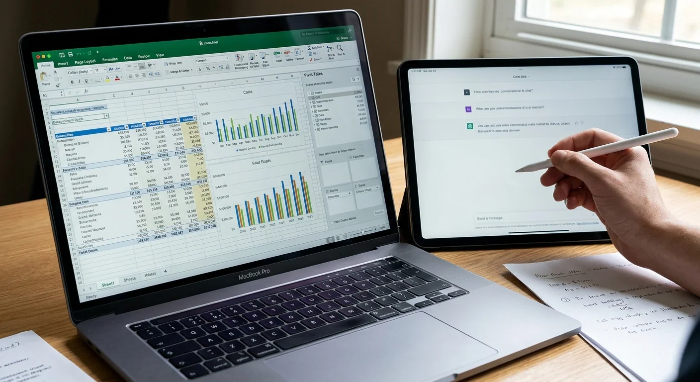 Gros plan sur une tablette avec une interface de chat IA à côté d'un écran affichant un tableur complexe dédié à l'analyse financière IA.