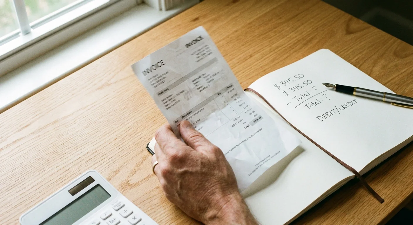 Un carnet de notes avec des calculs manuscrits et une facture papier floue sur un bureau en bois clair, illustrant les coûts oubliés.