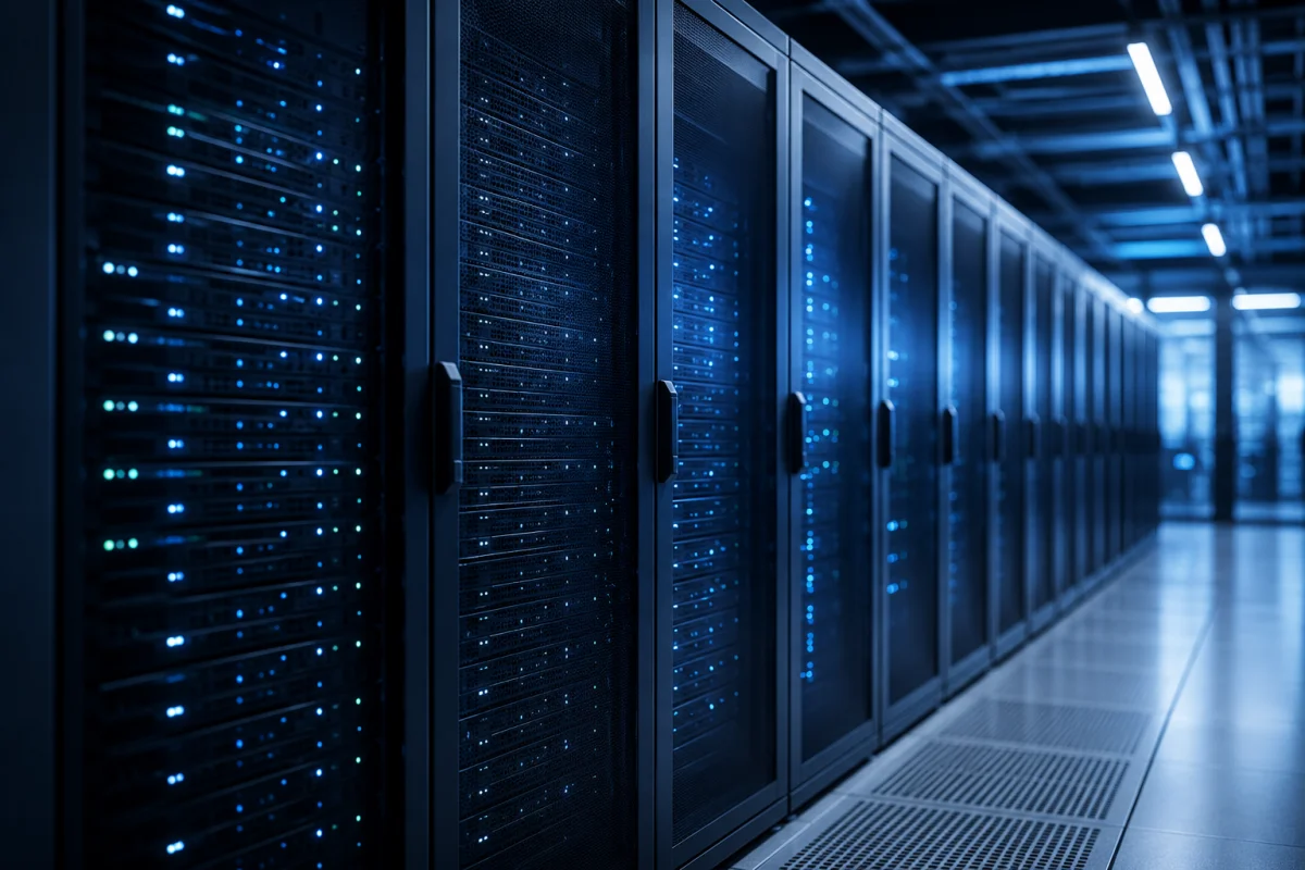 Couloir d'un data center avec des racks de serveurs alignés et des voyants bleus.