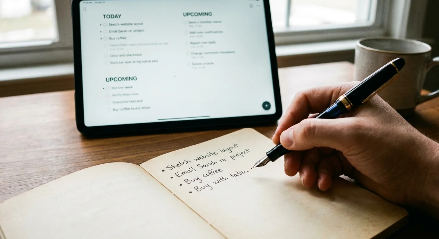 Gros plan sur une main écrivant dans un carnet, avec une tablette affichant une application de liste de tâches en arrière-plan flou, montrant la jonglerie entre outils physiques et numériques.