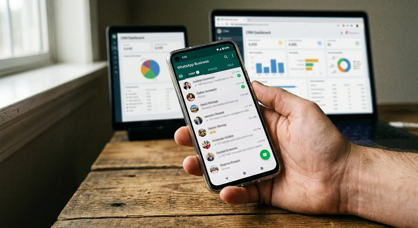 Gros plan sur un smartphone affichant l'interface de discussion WhatsApp Business, avec l'écran d'un ordinateur portable montrant un logiciel CRM flou en arrière-plan, illustrant l'intégration progressive du CRM.