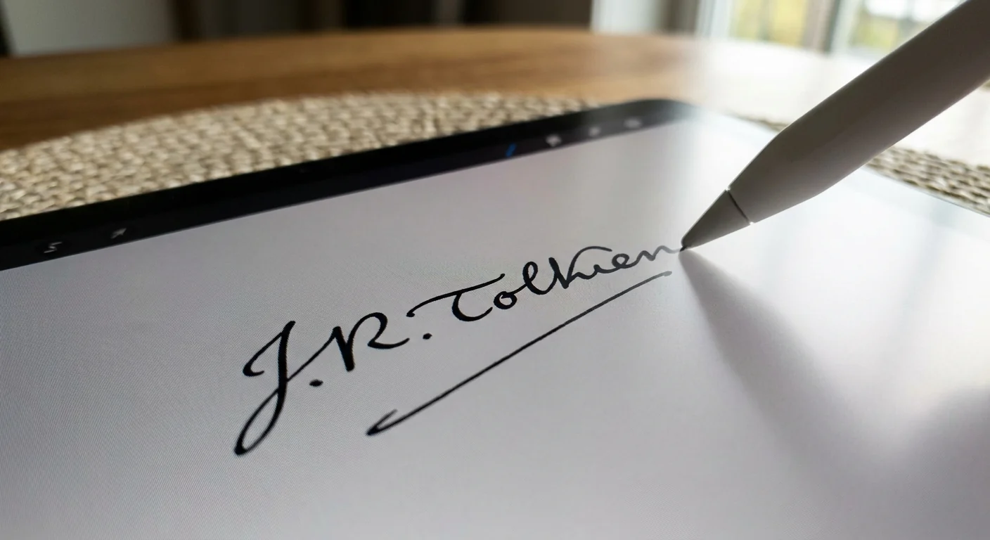Gros plan sur l'écran d'une tablette montrant une signature électronique en cours d'écriture avec un stylet.