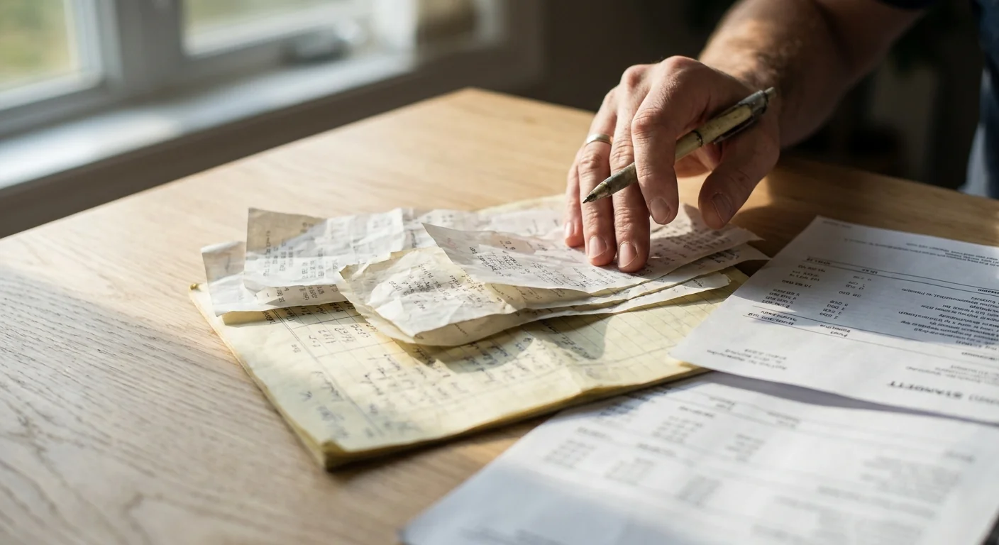 Gros plan sur une main triant des documents financiers papier désordonnés sur un bureau en bois, illustrant la charge de travail manuel et le calcul des coûts associés.