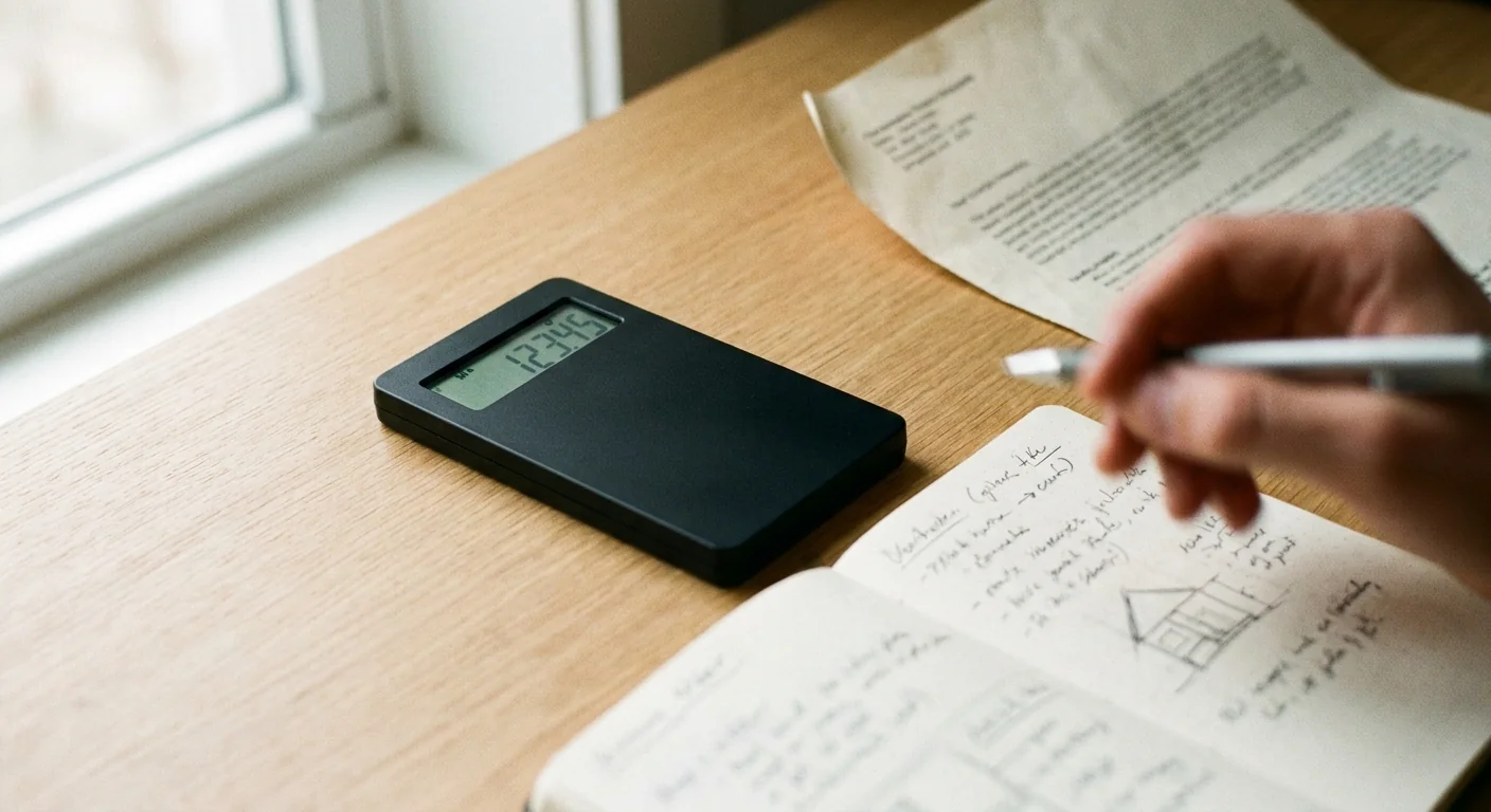Gros plan sur une calculatrice moderne et un carnet de notes sur un bureau en bois, symbolisant le calcul du budget réel automatisation au-delà du devis initial.