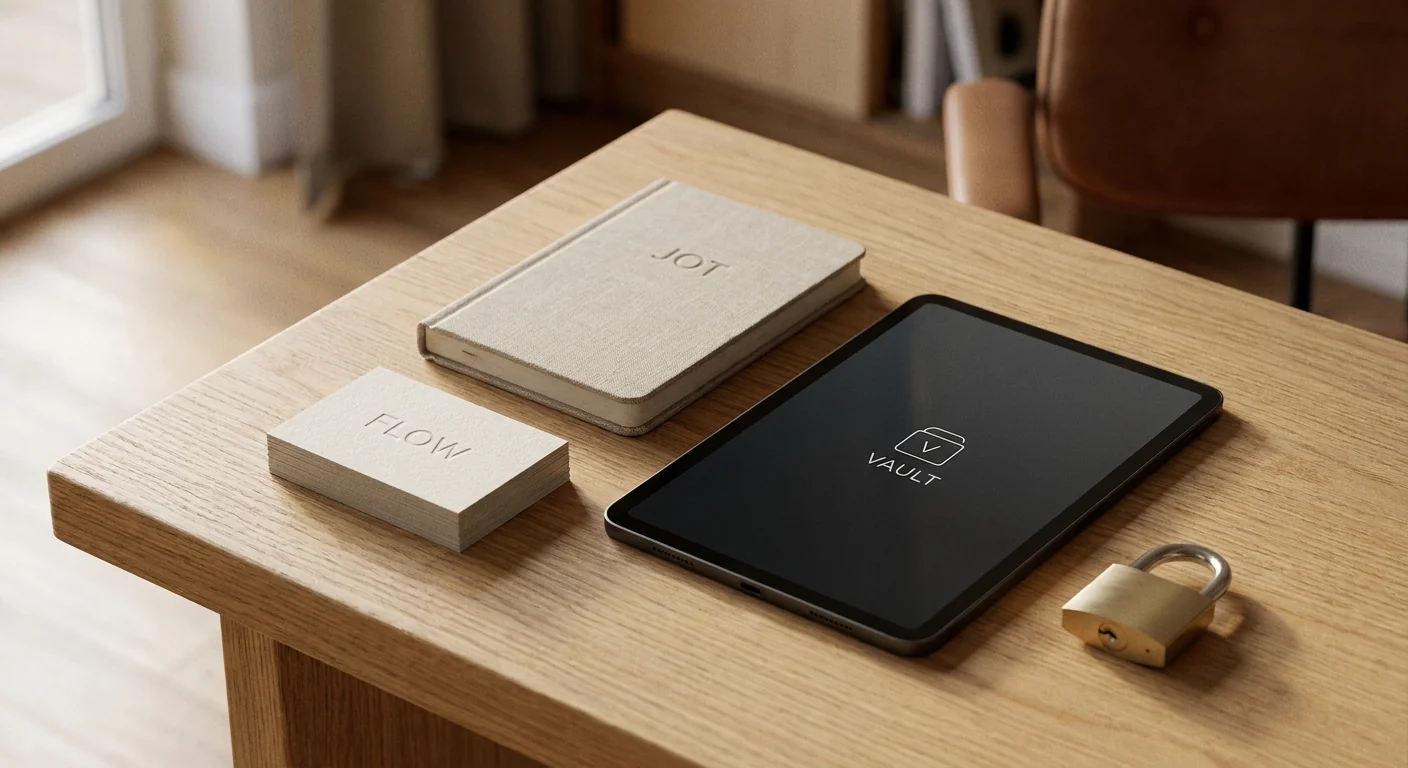 Gros plan sur un bureau avec trois supports distincts et un petit cadenas, symbolisant la comparaison Crisp Intercom Zendesk et la sécurité des données.