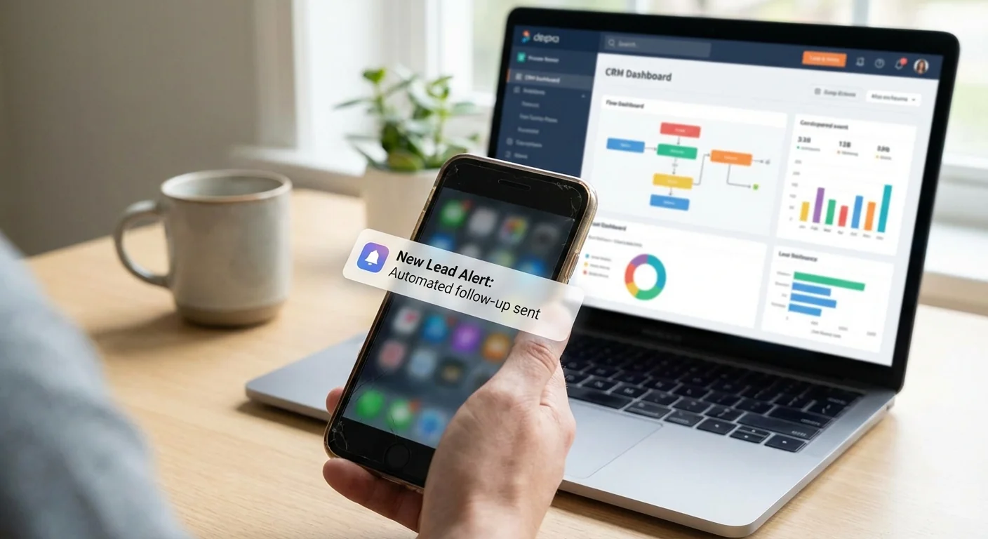Gros plan sur un smartphone affichant une notification d'un nouveau lead avec un suivi automatique envoyé. L'écran du CRM est flou en arrière-plan sur un bureau en bois clair. Illustre la gestion des leads automatisée.