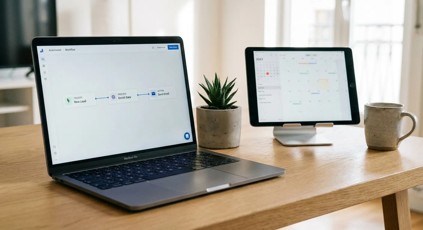 Gros plan sur un écran d'ordinateur affichant un flux de travail automatisé, montrant l'efficacité de l'automatisation vs le recrutement.
