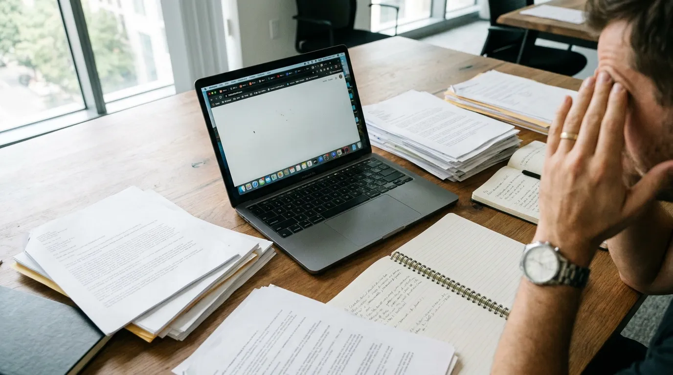 Photo d'un bureau encombré avec des piles de documents et un ordinateur surchargé, illustrant une croissance bloquée par la saturation de l'équipe.