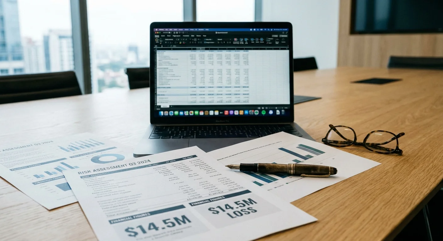 Gros plan sur des documents financiers imprimés et un ordinateur portable montrant une analyse de risques pour un projet d'automatisation, sur une table en bois clair.