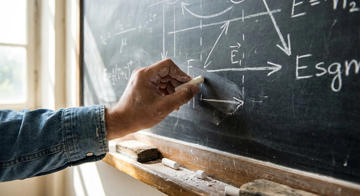 Gros plan sur une main corrigeant un schéma à la craie sur un tableau noir, symbolisant l'apprentissage suite à un échec de projet IA en Suisse romande.