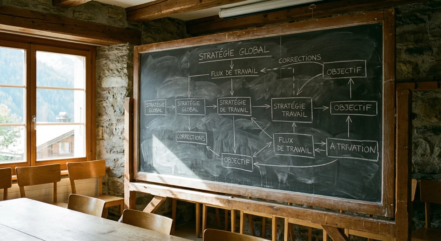 Tableau noir avec schéma stratégique raturé à la craie dans une salle de réunion vide, illustrant les erreurs dans les projets IA en entreprise suisse.