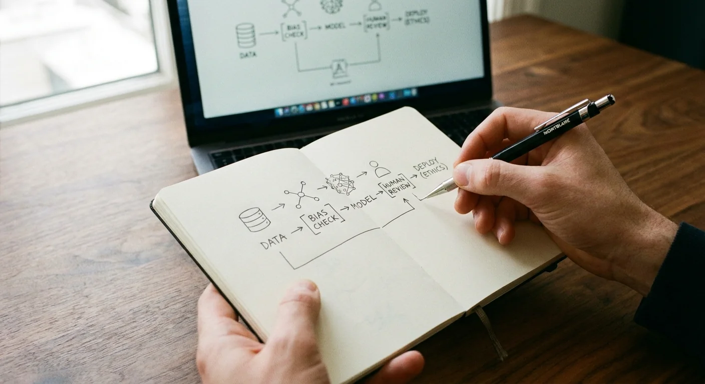 Gros plan sur des mains esquissant un cadre de gouvernance IA dans un carnet, avec un ordinateur portable affichant un diagramme flou.