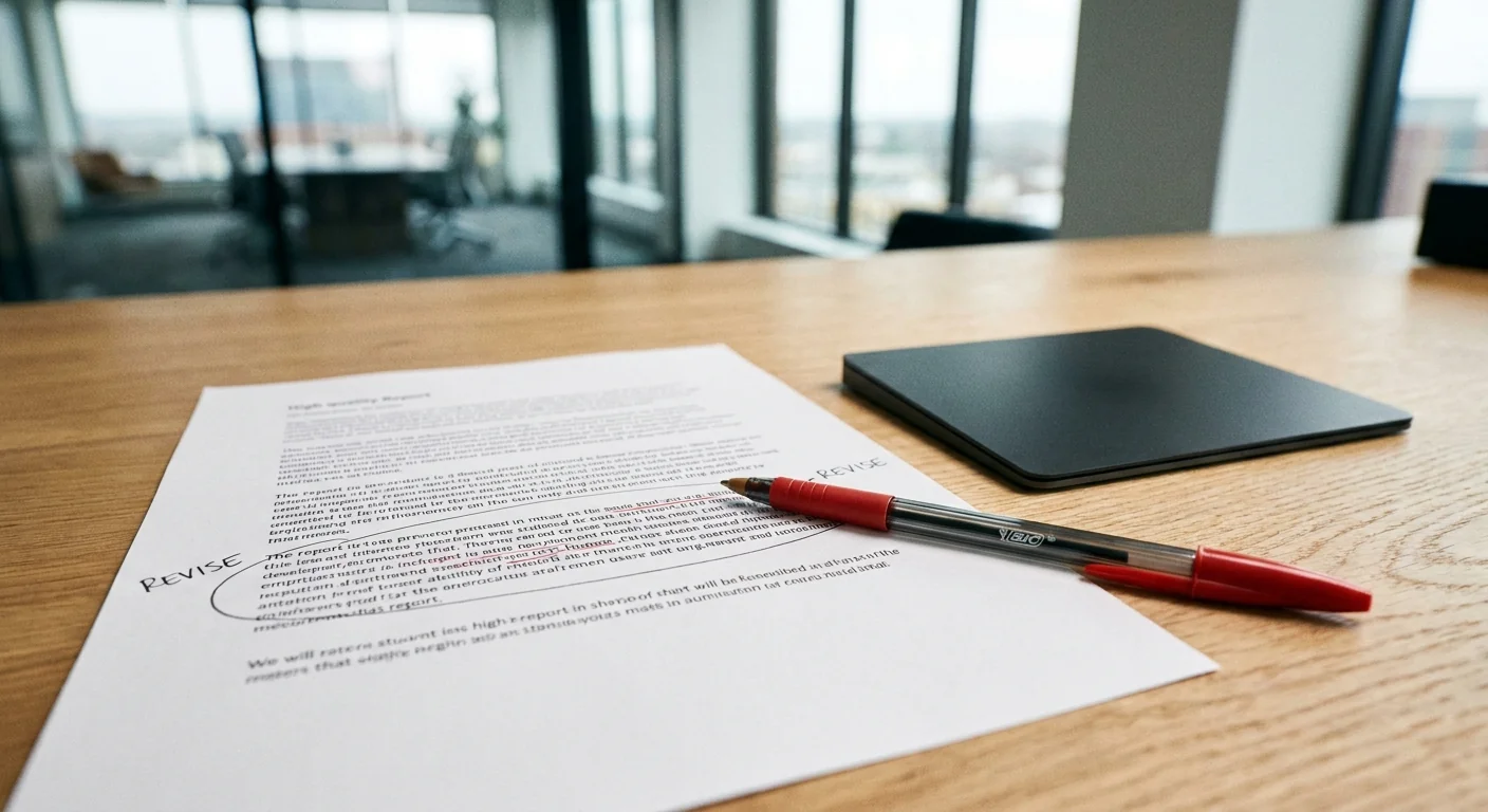 Gros plan sur un rapport imprimé avec des corrections manuelles au stylo rouge posé sur un bureau en bois clair, soulignant l'importance de la vérification humaine et de l'expertise face au contenu généré par l'IA.
