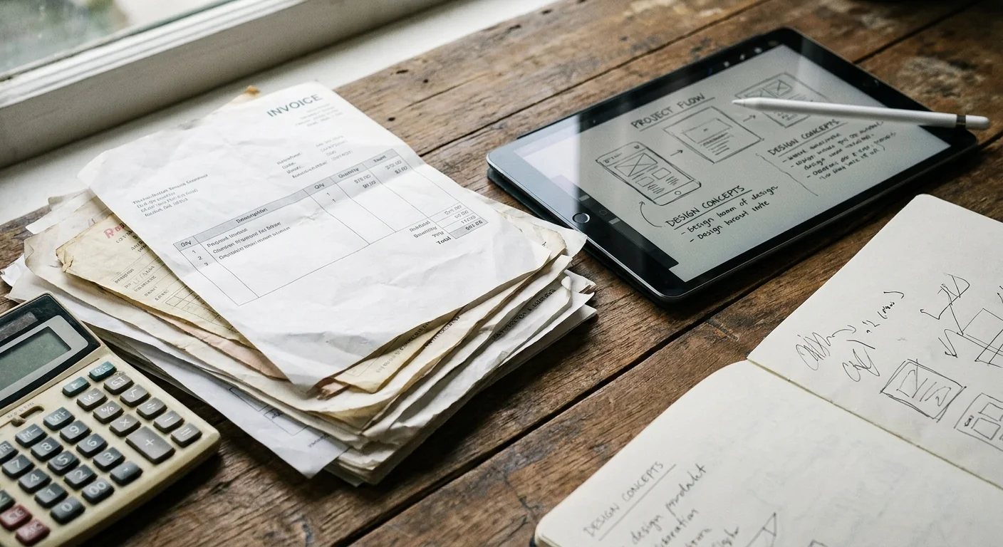 Gros plan sur un bureau avec des factures papier d'un côté et une tablette avec des notes stratégiques de l'autre, symbolisant l'automatisation des tâches administratives pour les PME.