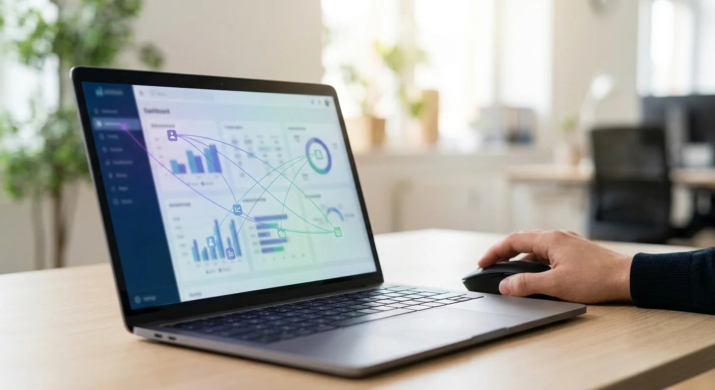 Gros plan sur un écran d'ordinateur portable montrant un tableau de bord de données RH minimaliste avec des indicateurs d'analyse, soulignant les enjeux de l'éthique IA RH dans le traitement des données.