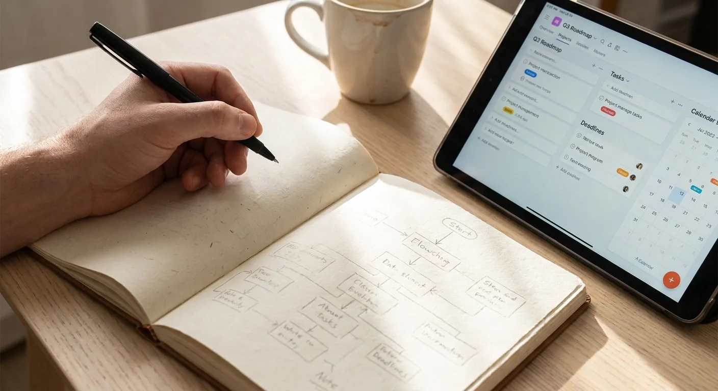 Gros plan sur un carnet de notes et une tablette gérant des tâches, montrant l'optimisation d'un processus commercial par l'IA en arrière-plan.