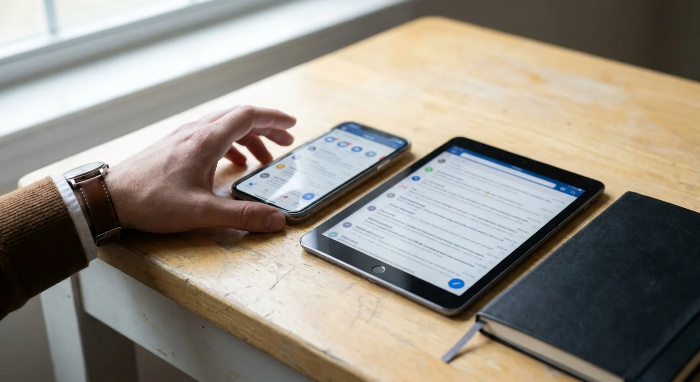 Gros plan sur smartphone et tablette avec nombreuses notifications d'emails, symbolisant la surcharge numérique pour les dirigeants.