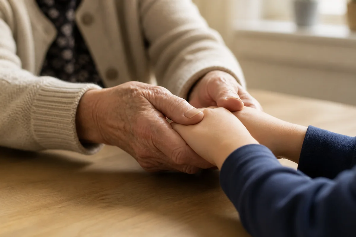 Gros plan sur des mains âgées tenant celles d'un enfant, illustration des fonctions humaines irremplaçables que la loi devra protéger face à l'automatisation.