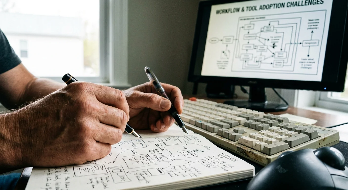 Gros plan sur des mains et un carnet de notes avec un écran flou en arrière-plan, représentant les défis d'adoption par l'équipe non-tech des outils de gestion.