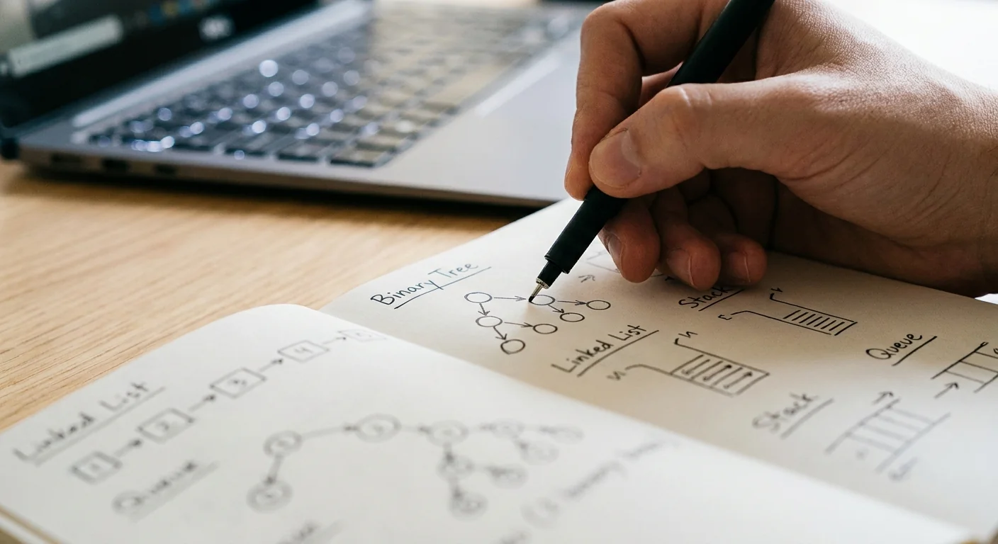 Gros plan sur un carnet de notes posé sur un bureau, avec des croquis de structures de données devenant nets sous la pointe d'un stylo, illustrant la définition d'une stratégie IA claire.