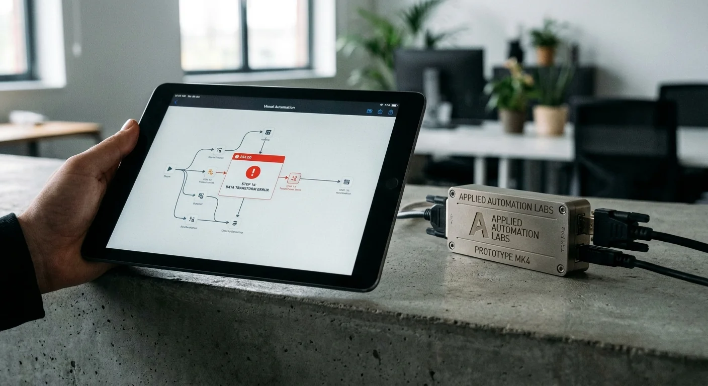 Gros plan sur une tablette affichant un workflow d'automatisation en erreur, à côté d'un connecteur matériel sur mesure, montrant le besoin d'alternatives à Zapier.