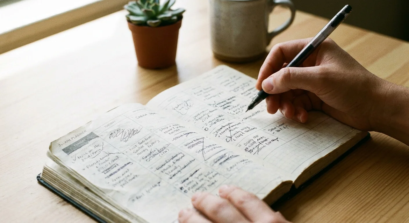 Gros plan sur un agenda ouvert et un stylo, montrant des plages horaires réorganisées, illustrant l'optimisation d'agenda et la productivité.