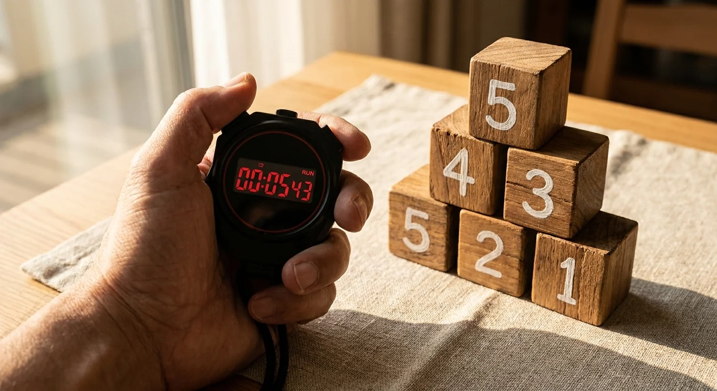 Gros plan sur une main tenant un chronomètre digital en marche à côté de cinq blocs en bois, illustrant le gain de temps et la méthode 5-4-3-2-1.