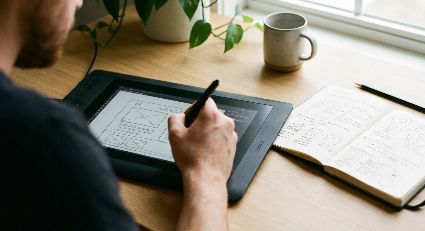 Gros plan sur tablette et carnet avec croquis, symbolisant les compétences humaines créatives et stratégiques face à l'IA.