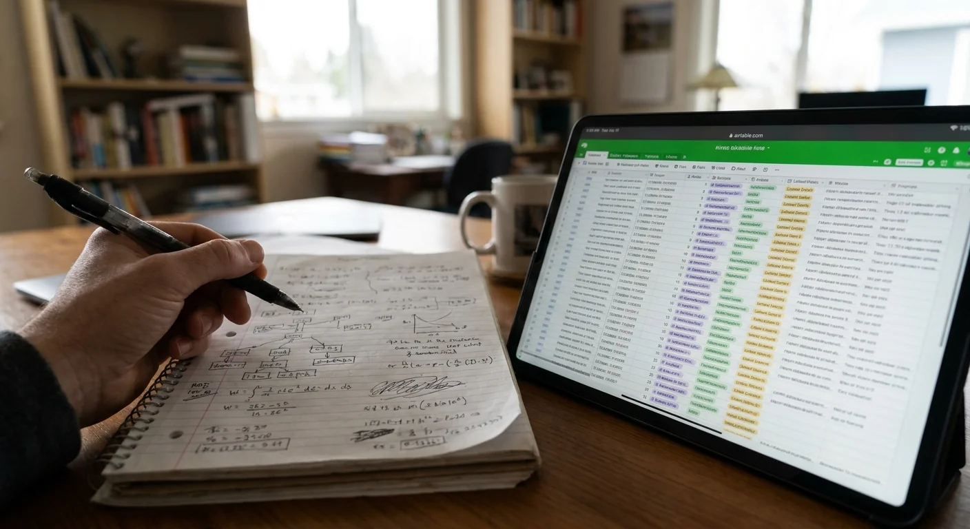 Gros plan sur un carnet de notes avec des calculs manuels posé à côté d'une tablette affichant une base de données dense type Airtable, illustrant la complexité cachée.