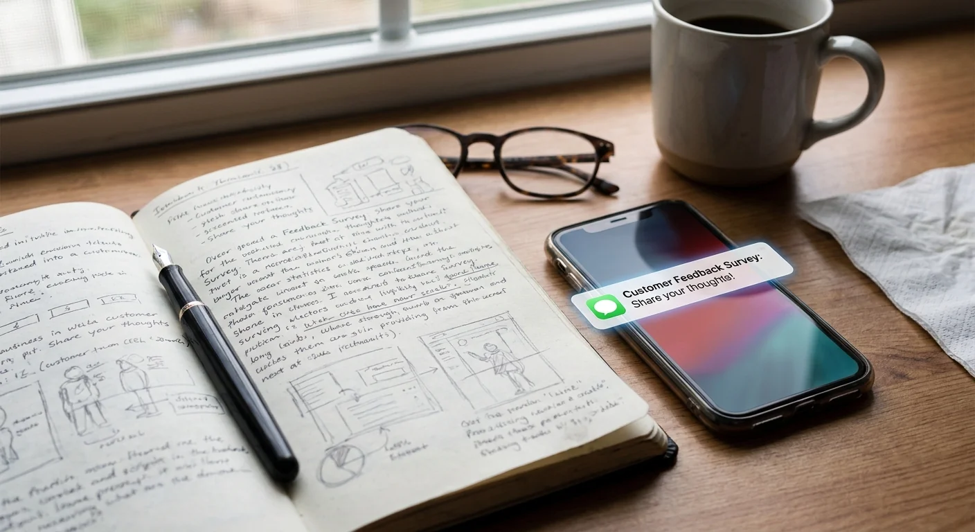 Gros plan sur un carnet de notes manuscrites et un smartphone avec une notification d'enquête, montrant le choix entre les outils de feedback client.