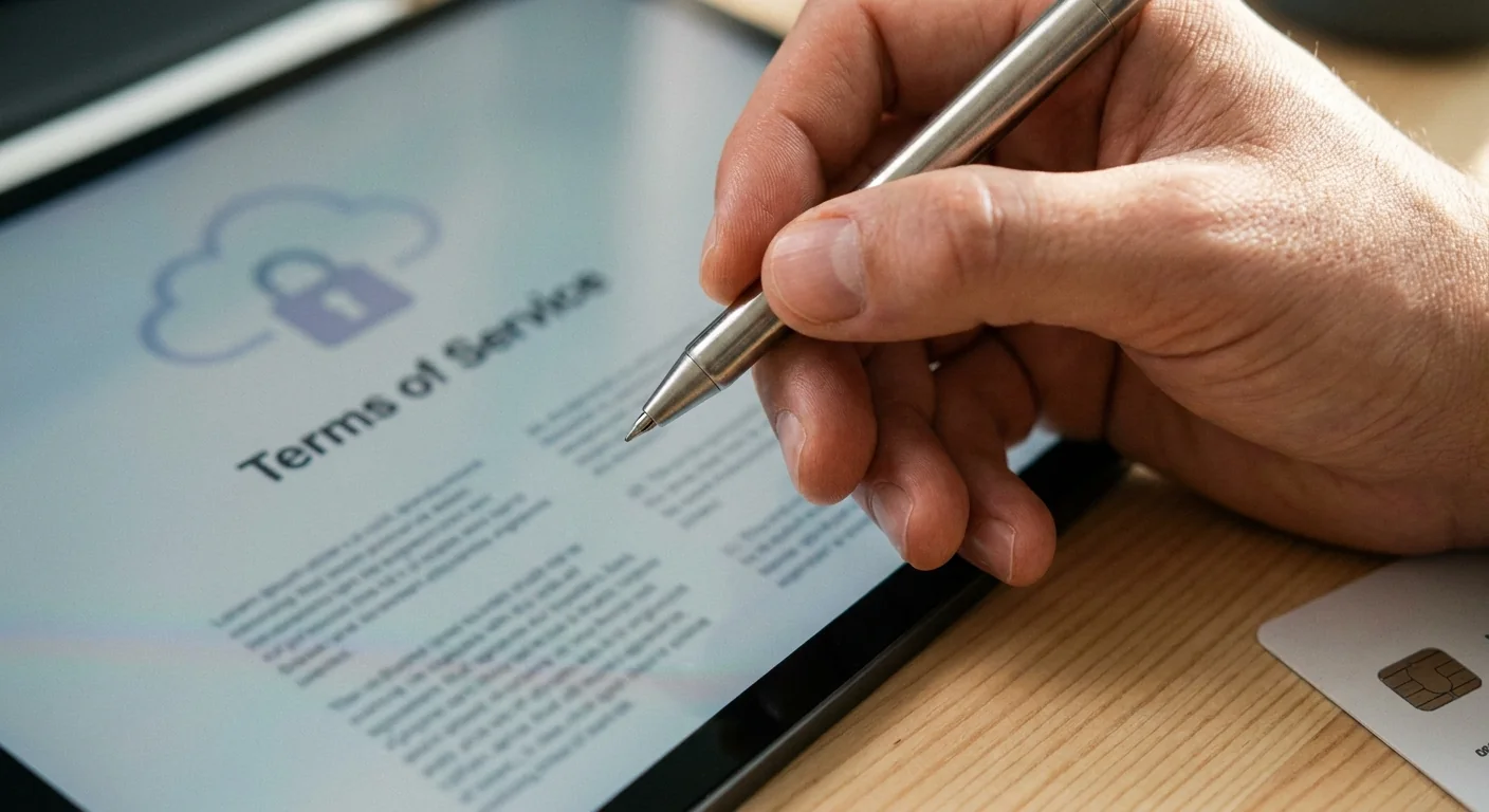 Gros plan sur une main signant un contrat flou sur une tablette, avec une carte de crédit à proximité, illustrant les coûts cachés des données lors de l'évaluation d'outils IA gratuits.