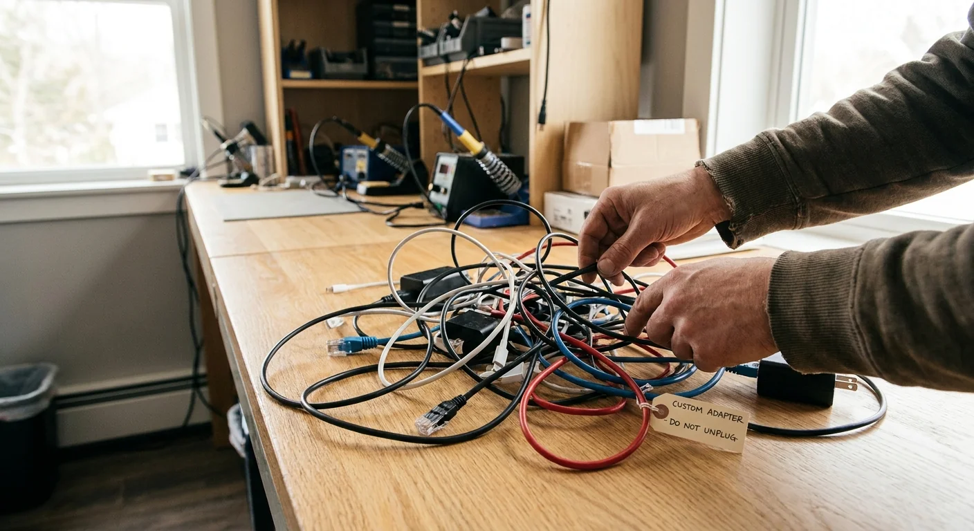 Mains essayant de démêler un nœud complexe de câbles, symbolisant les problèmes de maintenance et la dépendance technique.