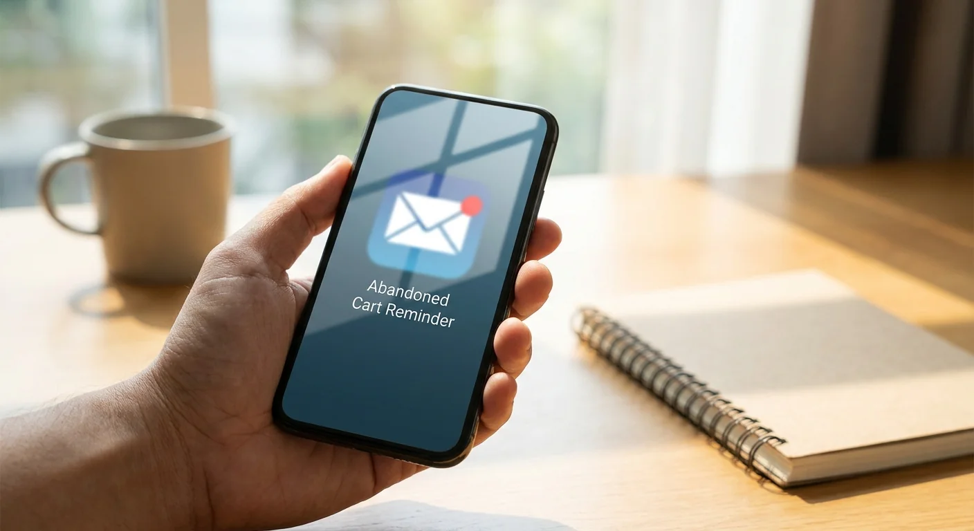 Gros plan sur un smartphone avec une notification d'e-mail de relance, illustrant un workflow simple qui tourne pour récupérer les ventes.