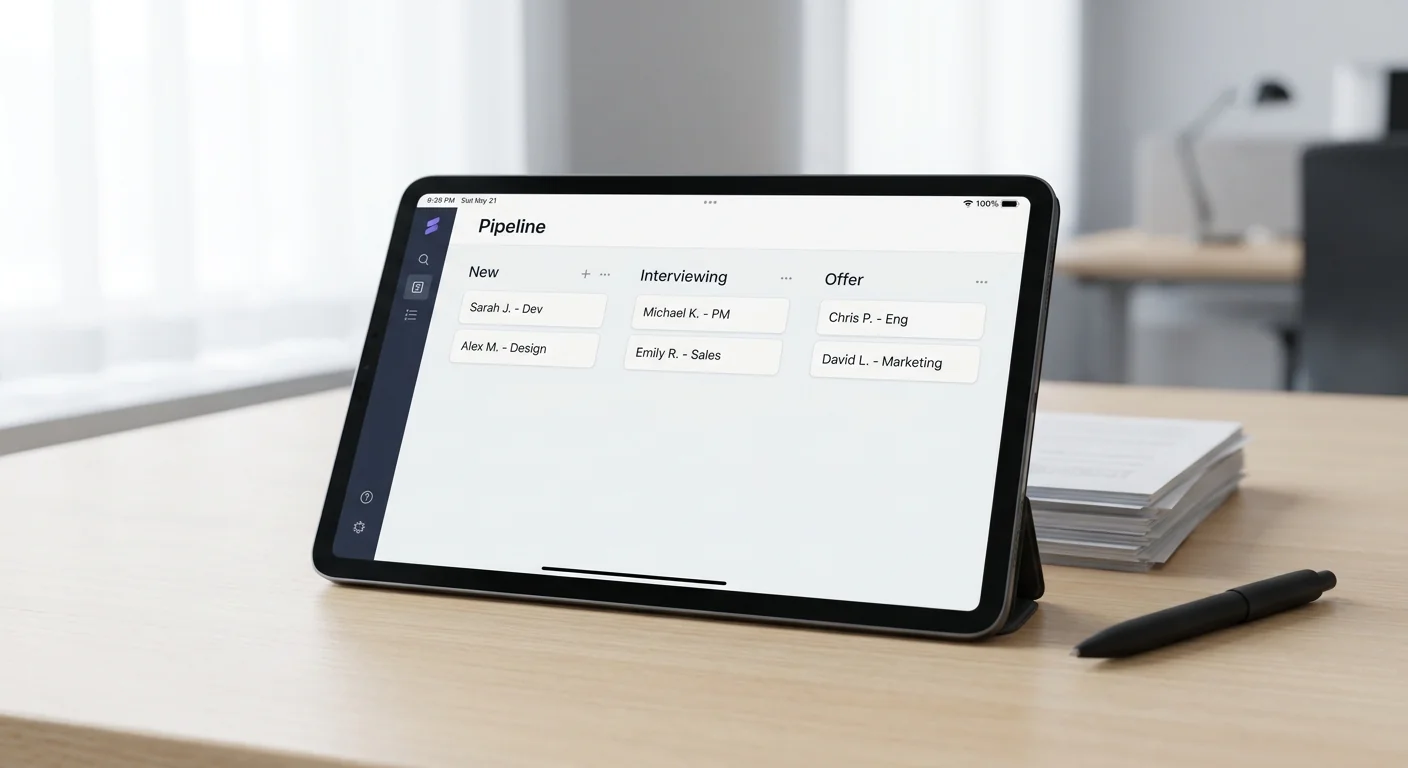 Vue rapprochée d'un écran de tablette affichant un tableau Kanban numérique pour une gestion structurée des candidatures, contrastant avec les processus manuels papier. Lumière douce.